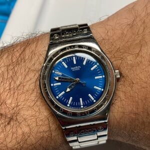 Swatch vintage Irony blue dial, stainless case and bracelet, new battery